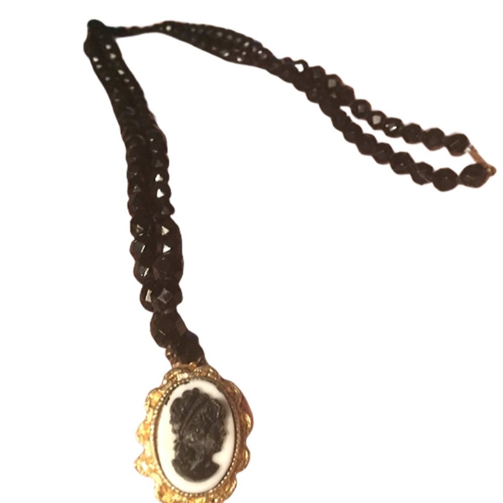 Long Black Necklace with Cameo Brooch Pendant